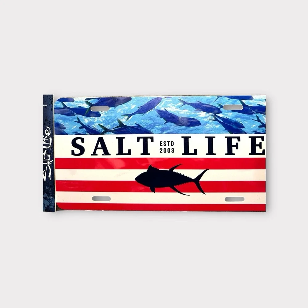 Salt Life Front License Plate Fishing Tuna ESTD 2003 Red White Blue Flag PVC New